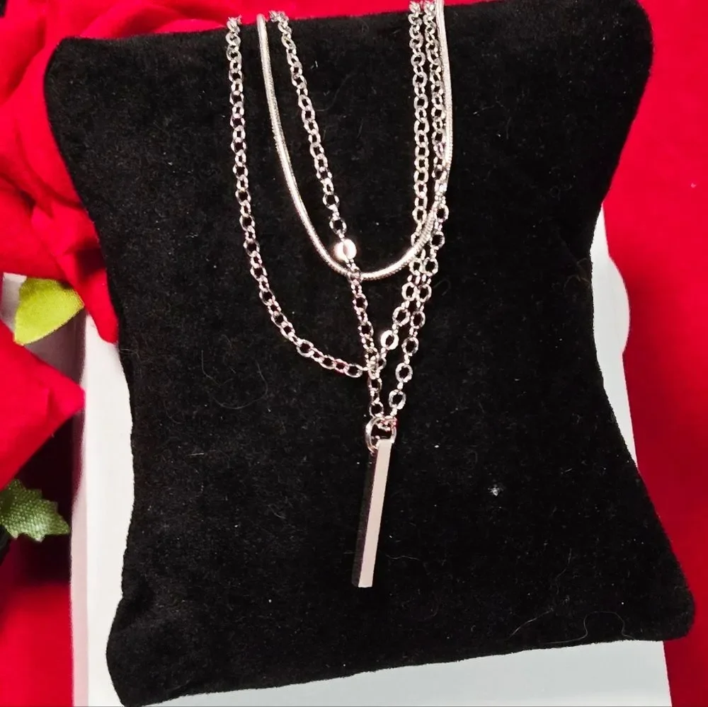 Sleek Silver Bar Pendant Multi-Layer Necklace Snake & Cable Chains Stacked NWT
